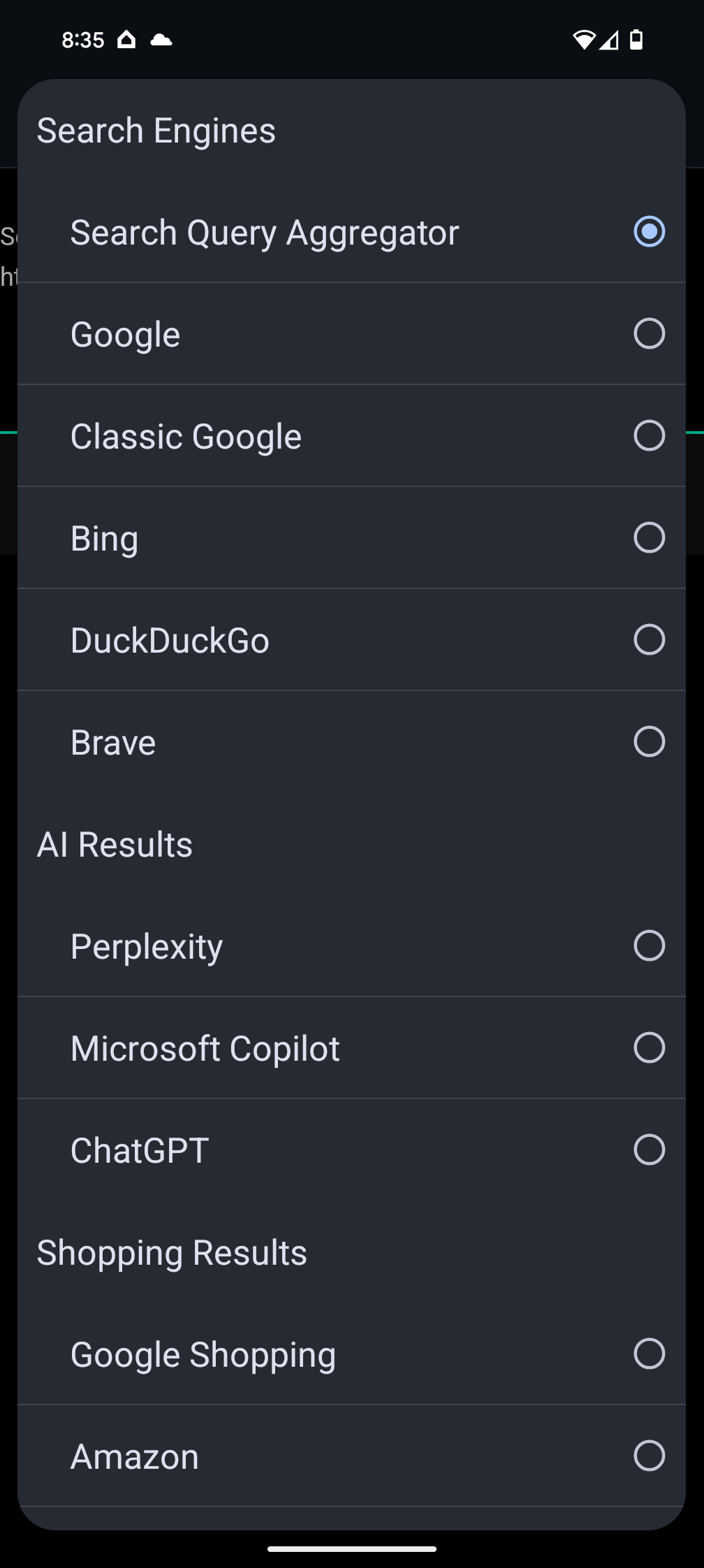 Dropdown selection for search engines