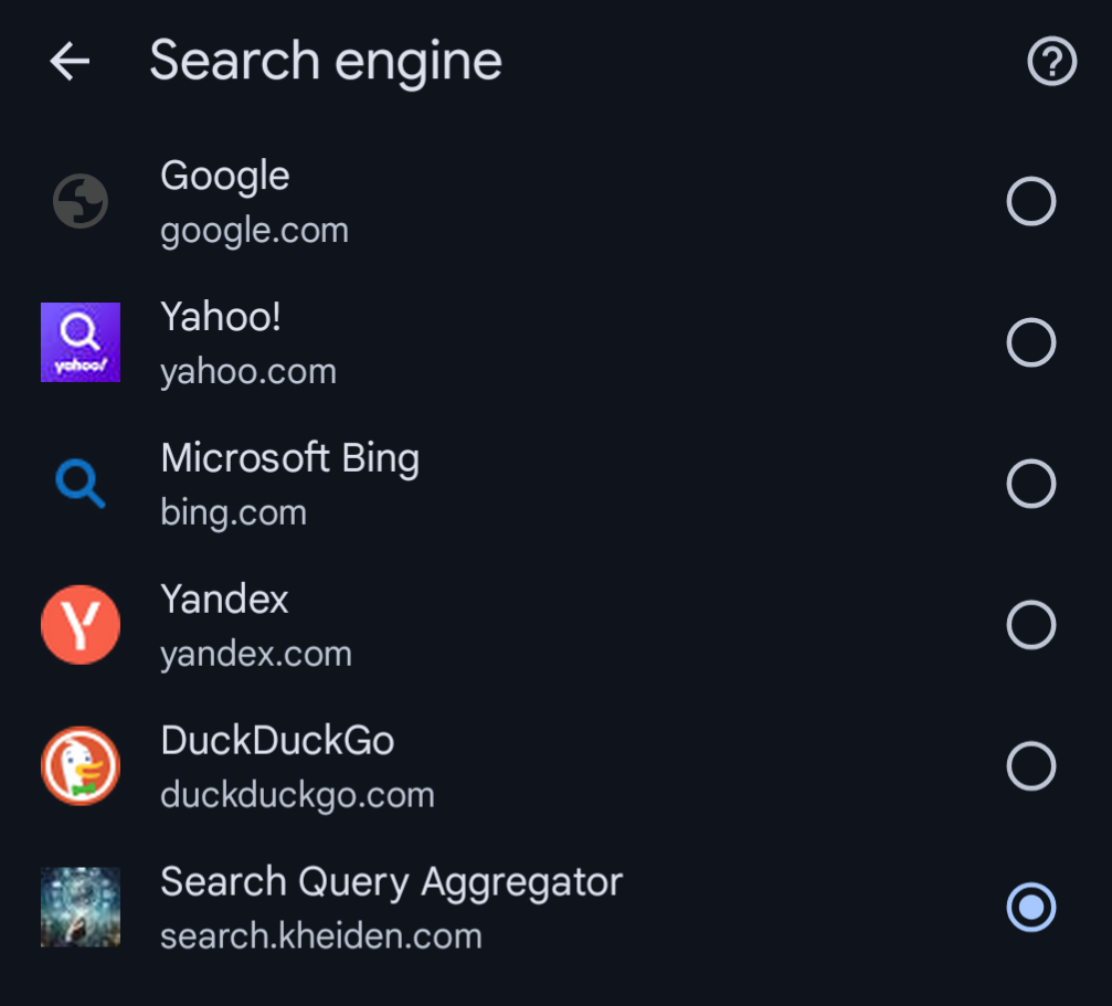 Mobile search engine settings screen on Chrome